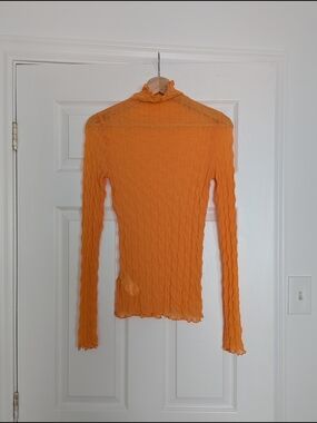 Find Me Now | Orange Mesh Long Sleeve Lettuce Hem Mock Neck Top | M